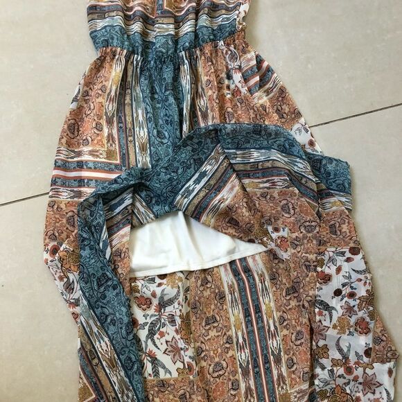 Zara boho tan blue print chiffon maxi dress Size S - Picture 12 of 15
